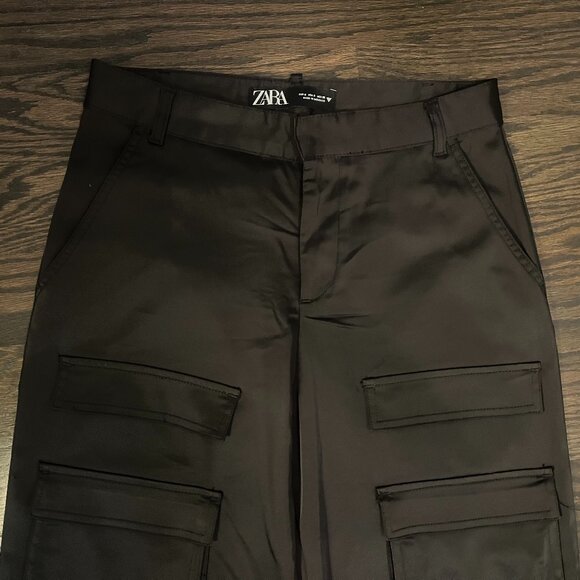 NWOT Zara Satin Effect Cargo Pants - Size Small - Black - Picture 2 of 4